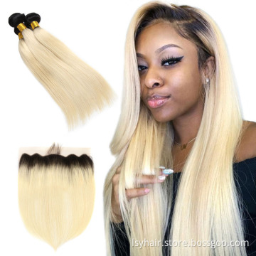 1B 613 Blonde Black Roots Ombre Color Remy Brazilian Straight Hair Weave Bundles With Pre Plucked  Ear to Ear Lace Frontal